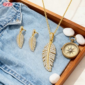 مجوهرات هنغديان مطلية بالذهب عيار 18 قيراط مرصعة بالزركون الكامل على شكل ريشة، مجموعات مجوهرات أنيقة للنساء بالجملة لإطلالات الخريف/المواعيد/الحفلات - Product Image 4