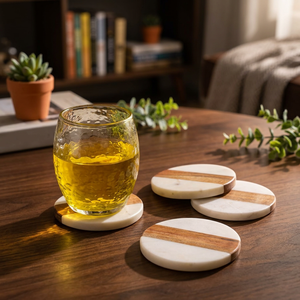Handmade Round Marble and Wood <b>Coasters</b> Set Natural Stone <b>Drink</b> <b>Coasters</b> for Table Decor Decorative <b>Coasters</b> set of 4 - Product Image 4