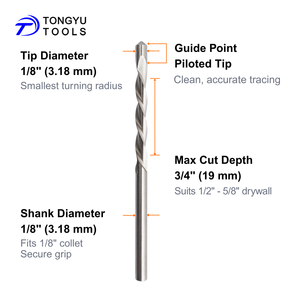 1/8 "vách thạch cao cut-out bit với hướng dẫn điểm thí điểm Tip, phù hợp với <span class=keywords><strong>ROTARY</strong></span> cutout công cụ, HSS Router bit cho thạch cao Board Hướng dẫn cắt - Product Image 1