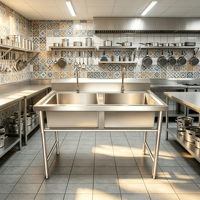 Évier de cuisine double en acier inoxydable autoportant avec robinets col de cygne pour la restauration hôtelière (vente en gros)