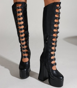 Botas de verano con recortes hasta la rodilla para mujer, con hebillas, plataforma, tacones gruesos, cremallera lateral, botines largos, 15 cm de altura - Product Image 6