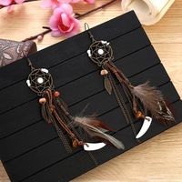 Boucles d'oreilles pendantes en alliage de zinc faites à la main, style bohème vintage européen et américain, avec franges de plumes, forme de feuille, cadeau pour femme, ivoire, art rétro
