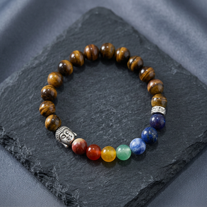 Tiger Eye Gemstone Handmade <b>Buddha</b> <b>Head</b> Seven Chakra Round Beads Polished Elastic Meditation Bracelet - Product Image 1