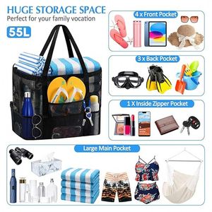 Sac de plage en maille imperméable grande capacité, léger, pliable, avec poches zippées, idéal pour la natation et la plage - Product Image 5