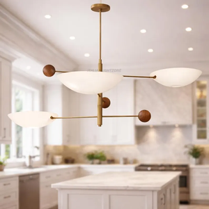 Lustre Sputnik de luxe de style mid-century, combinaison laiton et bois, 3 lumières, avec abat-jour noirs, style moderne - Product Image 4