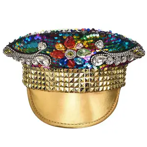 Mewah paku keling emas dan warna-warni payet Rhinestones Rave Festival topi militer Cosplay Headwear klub Aksesori mode pesta