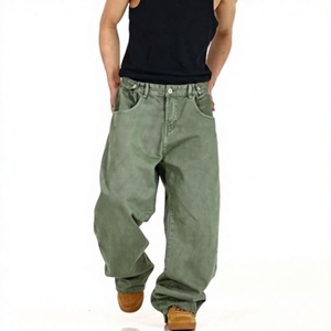 Pantalones vaqueros de mezclilla encerada de pierna ancha para hombre, talla grande, corte holgado, cintura media, color liso, algodón, casuales, con cierre de botón, tela tejida - Product Image 1