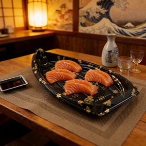 Kotak kemasan perahu <span class=keywords><strong>Sushi</strong></span> plastik cetakan Sashimi sekali pakai dapat didaur ulang kualitas makanan mewah kustom untuk ikan - Product Image 1