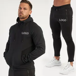 Hoge Kwaliteit Mens Sport Tweedelige Outdoor Fitness Oefening Hooded Sweater Slim Broek Pak Katoen