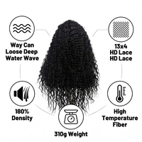 Perruque synthétique à dentelle frontale HD 13x4, effet vague profonde lâche, en fibre haute température, 310g pour femmes