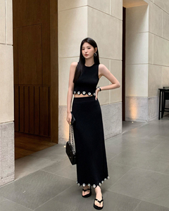 Conjunto de Dos Piezas de Punto para Mujer, Top Corto sin Mangas con Lentejuelas de Flores + Falda Maxi, Conjuntos Elegantes de Dos Piezas para Fiesta Casual - Product Image 1