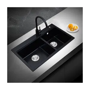 Wastafel dapur sudut populer mangkuk ganda pabrik komposit Quartz Workstation granit hitam Modern wastafel dapur