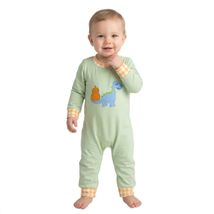 <b>Cute</b> Green Dinosaur Applique Breathable Romper with Yellow Checkered Trim for Baby Boys Infants & Toddlers Summer Wear - Product Image 5