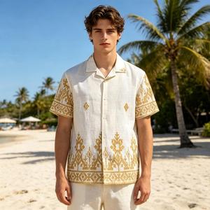 Camisa de lino y algodón con bordado de estampado floral para hombre, camisa informal de manga corta para hombre, camisas de vacaciones en la playa para hombre - Product Image 1