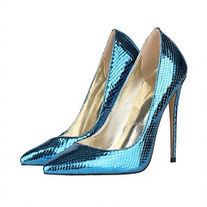 Royal Blue Metallic PU Hollow Spike <b>Heels</b> Women Dress Shoes Pointed Toe Sexy Pencil Slip-On Closure Spring Summer 12cm - Product Image 4