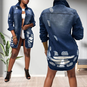 Abrigos Largos de Mezclilla con Diseño Desgarrado y Bolsillos para Mujer, a la Moda - Product Image 4