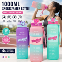 Bouteille d'eau givrée dégradée de 1000 ml avec paille et couvercle, bouteille d'eau en plastique motivante pour l'extérieur