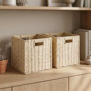 Handmade Woven Wicker Storage Baskets Rectangle <b>Rustic</b> Style for Living Room Neatening 2 Pack - Product Image 4
