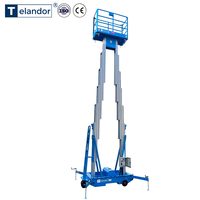 Plateforme élévatrice électrique à mât unique de 14 m, capacité de charge de 150 kg, alimentation CA/CC, avec stabilisateurs déployables