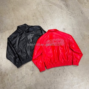 Manufacturer Custom High Quality Leather Embroidered Patch Logo <b>Zip</b> <b>up</b> <b>Jackets</b> for Men Streetwear Windproof Leather <b>Jacket</b> Men - Product Image 1