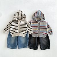 Cardigan à capuche unisexe rayé et coloré à manches longues pour bébé, collection Printemps-Automne