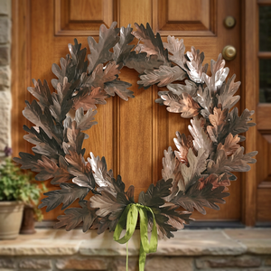 Couronne rustique artisanale en métal feuille de chêne, ronde, décorative, fleurs naturelles, non éclairée, emballage monopièce - Product Image 3
