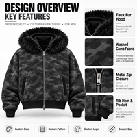 Veste à capuche zippée personnalisée, camouflage noir délavé, coupe oversize, capuche en fausse fourrure épaisse, style streetwear, fournisseur en gros pour marques