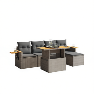 Set Divano da Giardino in Rattan Grigio 4 Posti, Arredamento da Esterno Resistente alle Intemperie, Design Contemporaneo con Tavolo in Legno Massello - Product Image 1