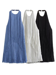 Vestido de Verano Estilo Europeo con Cuello Descubierto, <span class=keywords><strong>Elegante</strong></span> y Moderno, sin Mangas, con Flecos y Borlas, Falda Corta, Ecológico para Mujer - Product Image 1