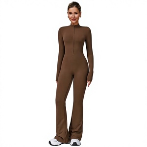 Combinaison moulante à manches longues et fermeture éclair pour femme, taille haute, couleur unie, en Spandex et Polyester, effet ventre plat, idéale pour le yoga - Product Image 2