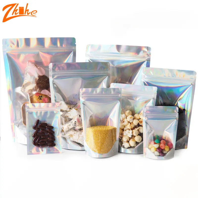 Wholesale Ziplock Bags Aluminum Foil Hologram Snack Candy Food Pouch Holographic Stand Up Bags