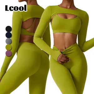 Lcool, venta al por mayor, Top corto de manga larga y leggings, conjunto de entrenamiento de compresión, ropa deportiva, ropa de yoga activa, 3 uds, ropa de gimnasio para mujer