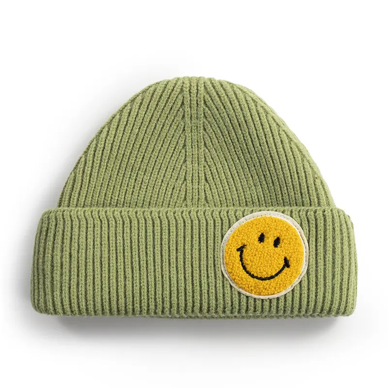Bonnet d'hiver en laine pour hommes et femmes, chapeau tricoté circulaire avec visage souriant, chaud et épais, bonnet froid