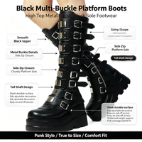 Bottes mi-mollet gothiques punk pour femme, avec plateforme, multi-boucles métalliques, fermeture éclair latérale, rehaussantes, tendance, vente en gros