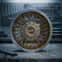 Jeu de jantes à rayons croisés inversés 13x7 14x7 72 avec adaptateur pour voitures classiques Lowrider, avec enjoliveurs dorés et clips de fixation