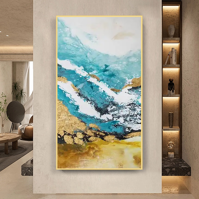 Handpainted Abstract Landscape Art on Canvas Colorful Gold Foil Lines Wall Art Poster for Living Room or Bedroom