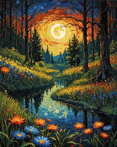 Songwoo <strong>Shiny</strong> Round Drills DIY Handprinted Canvas Colorful Wildflower Forest Creek Swirl Sunset <strong>Diamond</strong> <strong>Painting</strong> - Product Image 2