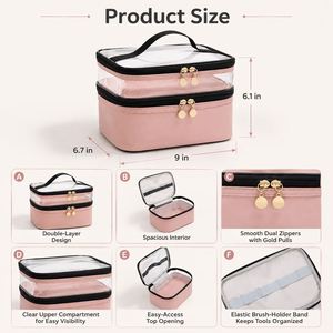 Custom Logo PVC <b>Makeup</b> Bag Large Capacity Travel Cosmetic Organizer Double Layer Toiletry <b>Case</b> with Brush Holder Wholesale - Product Image 2