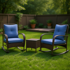 Set di mobili da giardino in vimini marrone, sedie a dondolo in rattan PE da esterno con tavolino e cuscini per set da giardino e portico - Product Image 2