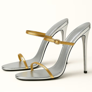 Mules à talons hauts pour femmes, à double bride, bout ouvert, grande taille 45, patchwork de couleurs, chaussures de soirée à coupe large - Product Image 2