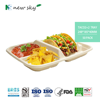 NOUVEAU SKY Boîte à tacos compostable jetable à 2 compartiments en bagasse de canne à sucre 100 % biodégradable, compatible micro-ondes, avec couvercle