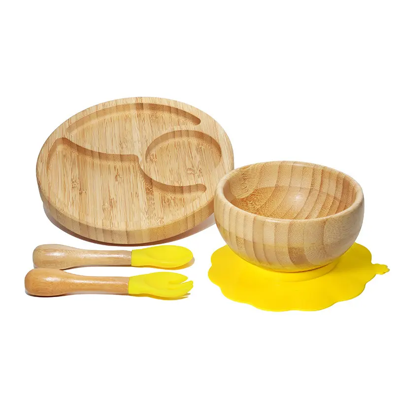 Custom dinner cartoon wheat wooden bamboo weaning baby feeding plates set with suction