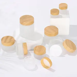 vasetti contenitore trasparente Suppliers-Basso moq 50g trasparente opaca di vetro crema per il viso vaso con coperchio di bambù Cilindro ermetico vaso packaging cosmetico