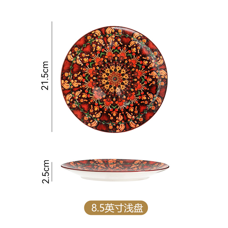 Plato poco profundo de 85 pulgadas con diseño de flor roja.