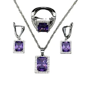 Jewelry Pendant Earrings Ring Party Neckless Set Gem Silver Fashion for Women Purple CLASSIC Alloy Zircon Rectangle 1 Set CN;ZHE