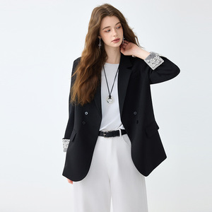 Women's Double Breasted Blazer Gray Lace Cuffs Loose Fit Korean Style Solid Color Polyester Worsted Fabric Spring Autumn Wear - Product Image 3