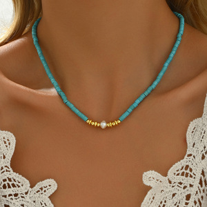 Fashion Choker <b>Necklace</b> Turquoise Beads With Pearl And Gold Accents For Women - Product Image 2