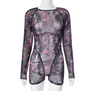 Nuevo mono corto informal para mujer, transpirable, de malla, estampado, con decoración de encaje transparente, estilo sexy, por encima de la rodilla, para salir. - Product Image 3