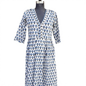 Vestido Maxi Indio 100% Algodón Ecológico Estampado a Mano, Túnica Casual y Vestido Largo con Decoración Bordada - Product Image 1