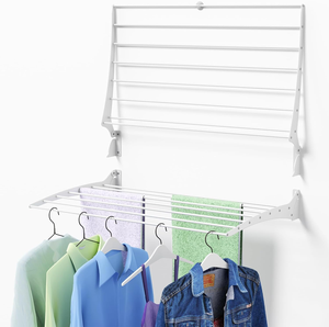 24 Inch Wall Mounted Towel Rack With Shelf & 4 Hooks - Foldable Laundry Drying Rack, Holds 88 Lbs, White | Space Saving